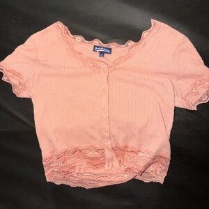 Pink Lace Trim Button-Up Top